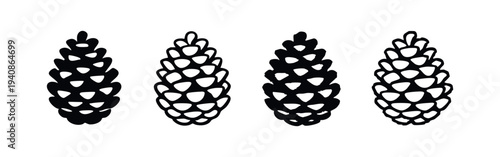 Collection of stylized pine cones in black and white solid and outline styles, perfect for nature and winter themes.