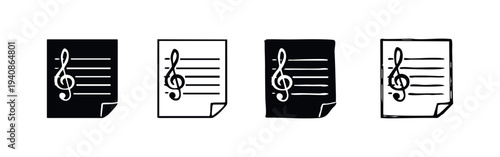 Set of Four Hand-Drawn Musical Score Icons with Treble Clef