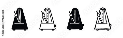 Metronome Icons Set. Black and white vector silhouettes and outlines of music tempo and rhythm practice tools.