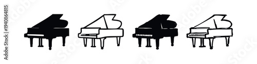 Grand Piano Musical Instrument Icons Set. Black and white vector silhouettes and outlines of classical concert pianos.