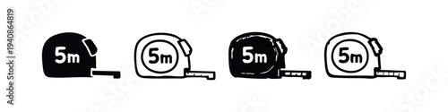 5 Meter Measuring Tape Icons Set. Black and white vector silhouettes and outlines of metric measurement tools.