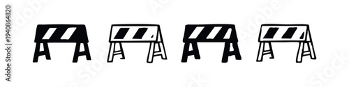 Plain Road Barricade Icons Set. Black and white vector silhouettes and outlines of construction safety barriers.