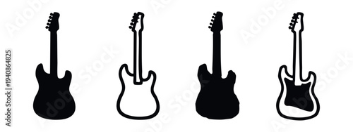 Electric Guitar Icons Set. Black and white vector silhouettes and outlines of classic rock musical instruments.
