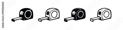 Measuring Tape Icons Set. Black and white vector silhouettes and outlines of hand tools for accurate measurement.