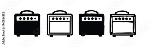 Guitar Amplifier Icons Set. Black and white vector silhouettes and outlines of music audio equipment.