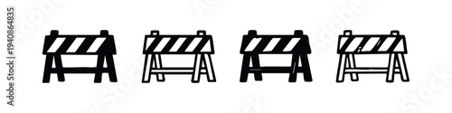 Road Barricade Icons Set with Stripes. Black and white vector silhouettes and outlines of construction barriers.