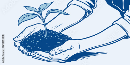 Two hands holding soil and growing plant symbolizing environmental care, sustainability and green future. Flat vector illustration for ecology, conservation and climate awareness.