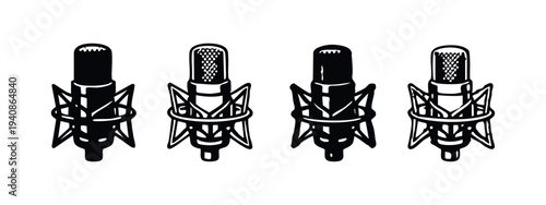 Studio Condenser Microphones Vector Icon Set for Audio Production and Podcasting