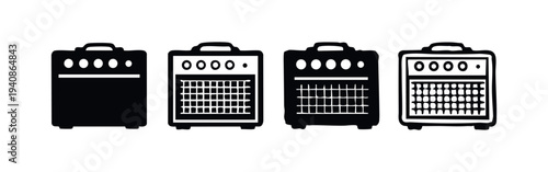 Detailed Guitar Amplifier Icons Set. Black and white vector silhouettes and outlines of audio amps with speaker grilles.