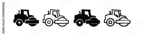Road Roller Construction Vehicle Icon Set, Compactor Heavy Equipment, Asphalt Paving Machinery.