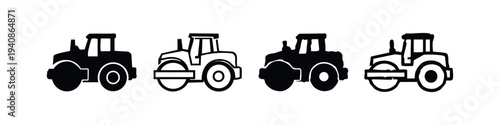 Construction Road Rollers and Compactors Icon Set, Heavy Machinery for Paving, Industrial Vehicles.
