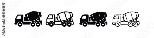 Concrete mixer truck icons set. Cement truck symbols for construction and building industry.