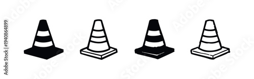Traffic cone icons set. Road safety and warning symbols for construction and traffic control.