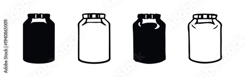 Insulated Water Bottle and Thermos Icons Set. Sport Drink Bottle Outline and Solid Vector Illustrations on White Background.