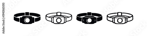 Headlamp Icons Set. Outdoor Camping and Hiking Headlight Outline and Solid Vector Illustrations on White Background.
