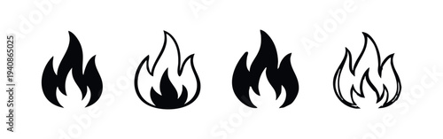 Fire Flame Symbol Icons Set. Heat and Burning Outline and Solid Vector Illustrations on White Background.