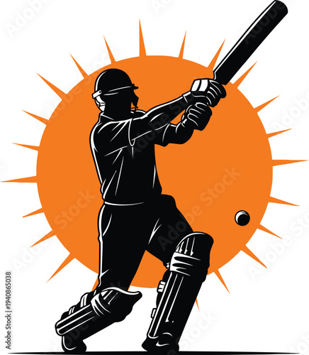 Dynamic cricket batsman silhouette vector illustration with orange sunburst background, perfect for sports branding