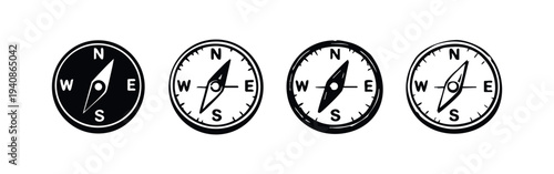 Hand-drawn compass icon set for navigation, travel, and adventure designs on white background.