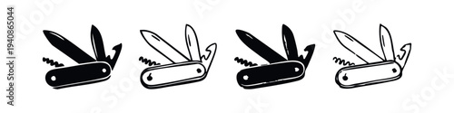 Hand-drawn multi-tool knife icon set for camping, survival, and adventure designs on white background.