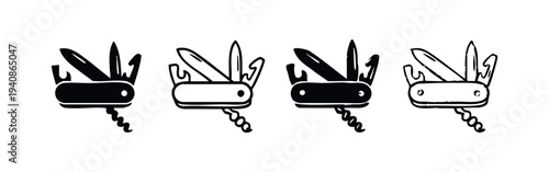 Hand-drawn Swiss army knife icon set for outdoor activities and practical tools on white background.