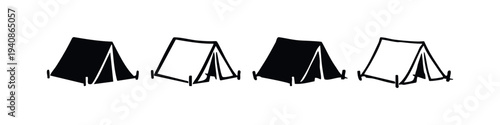 Hand-drawn camping tent icon set for outdoor adventure and wilderness exploration on white background.