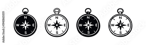 Hand-drawn keychain compass icon set for travel, orientation, and exploration designs on white background.