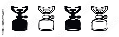 Camping Gas Stove Icon Set, Portable Cooker Vector Icons, Outdoor Culinary Equipment Black and White