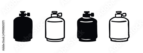 Gas Cylinder Tank Icon Set, Industrial Gas Bottle Vector Icons, Compressed Air Container Black and White