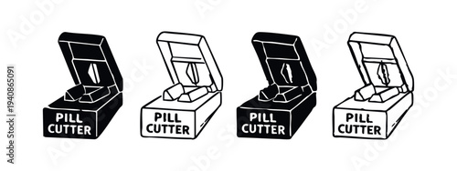 Pill Cutter Device Icon Set. Tablet Splitter Tool for Medication Dosage. Healthcare and Pharmacy Equipment.