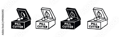 Pill Cutter Device Icon Set. Tablet or Medication Splitter Tool. Pharmacy and Healthcare Equipment.