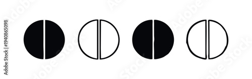 Half Pill or Tablet Dosage Icon Set. Medication Splitting Symbol. Pharmaceutical Treatment Graphic.