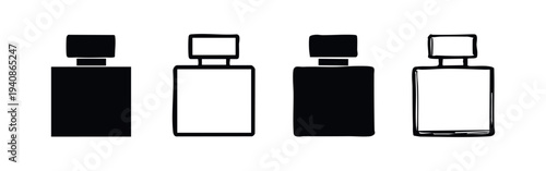 Hand Drawn Rectangular Perfume Bottle Icons Set. Elegant Fragrance Container Vector Illustration.