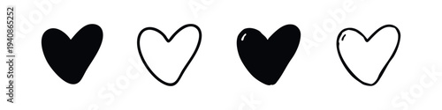 Hand drawn heart icons set. Black doodle hearts for love and romance concept.