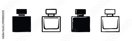 Hand Drawn Square Perfume Bottle Icons Set. Fragrance or Cologne Container Vector Illustration.