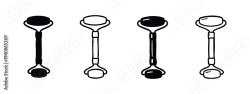 Set of facial roller or jade roller doodle icons. Skincare massage tool illustrations.