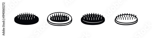 Hairbrush cleaner or brush with bristles icons set. Hair care tool doodles.