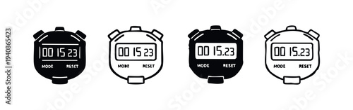 Hand Drawn Stopwatch Icons Set. Doodle Style Digital Timer Symbols for Sport and Time Measurement Isolated on White Background.