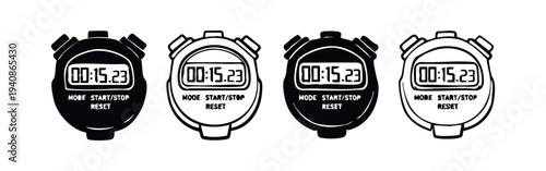 Digital Stopwatch Vector Icon Set: Sport Timer Outline and Glyph Measurement Icons