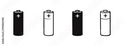 AA battery icons set. Energy and power source symbols for electronic devices.