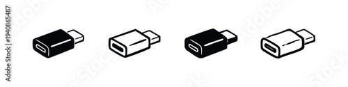 USB-C to USB-A adapter icons set. Electronic device connection and data transfer symbols.