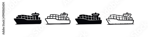 Maritime Cargo Container Ship Side View Icon Set