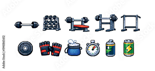 Gym equipment pixel icon set. fitness, workout essentials in retro pixel art style