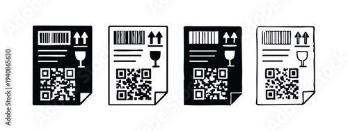 Shipping Label Document Icons with Barcode and QR Code. Logistics and Delivery Information Symbols.