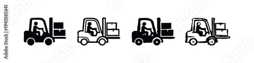 Forklift Operator Icons with Loaded Boxes. Warehouse Material Handling and Industrial Transportation.