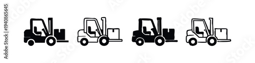 Set of Forklift Icons with Box. Material Handling and Warehouse Logistics Vehicle Symbols.