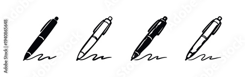 Pen Writing Icon Set. Ballpoint Pen Drawing Line. Signature and Document Symbol Collection.