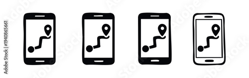 Smartphone Navigation Map Icon Set. Mobile GPS Route and Location Pin Symbols.