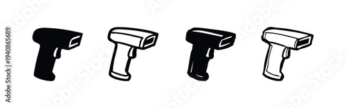 Barcode scanner icon set. Handheld device for retail and inventory management. Vector illustration in black and outline styles.