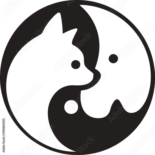 Creative cat and dog faces forming a yin-yang style circle symbol. Suitable for pet care, veterinary clinics,