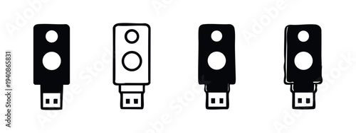 USB flash drive icons set. Portable data storage memory stick symbols for digital files and computers.
